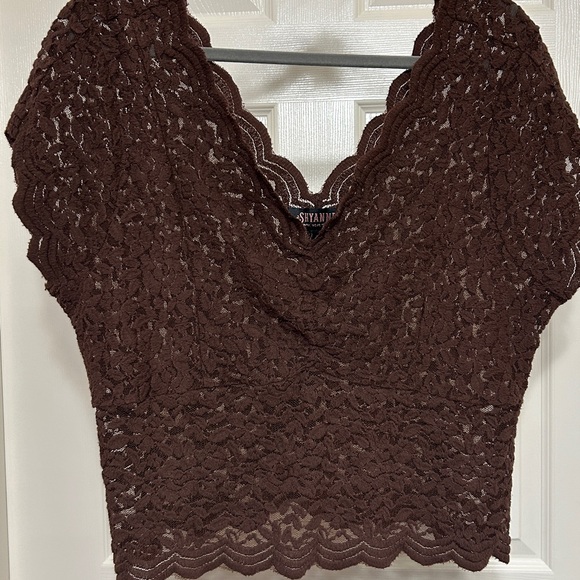 Shyanne Chocolate Brown Lace Crop Top Scalloped Edges Country Western Layering - Picture 5 of 8